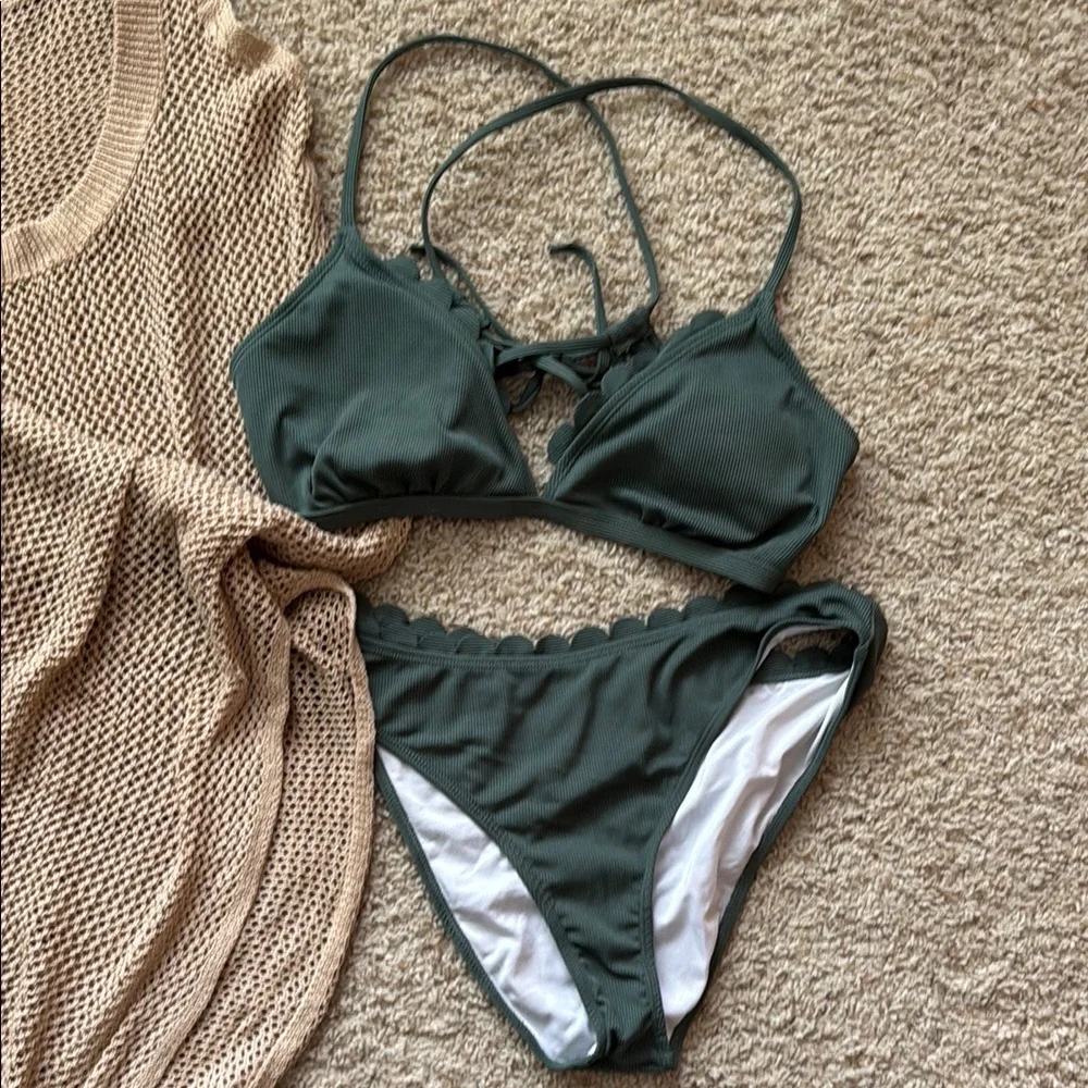Green scalloped Bikini Set with Lace-Up Top and midi coverup - Picture 2 of 6